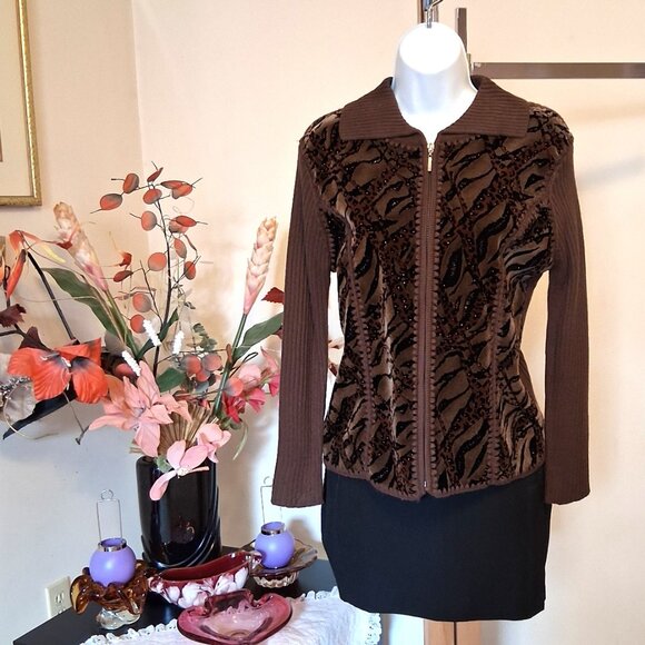 NWT Woman's Dark Brown Zip-Up Cardigan Knitwear Lightweight Sweater 6 S - Picture 6 of 9